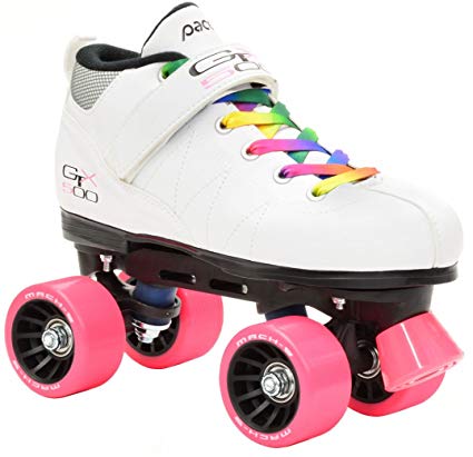 White Pacer Mach-5 GTX500 Quad Speed Roller Skates w/ 2 Pair of Laces (Rainbow & White)