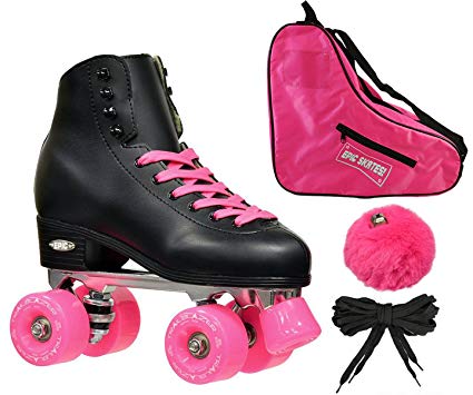 New! Epic Classic Black & Pink High-Top Quad Roller Skate Bundle w/ Bag, Laces, & Pom Poms! (Mens 8)
