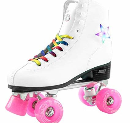 Crazy Skates LED Disco Roller Skates | LED Light Up Flashing Stars | White with Rainbow Laces and Pink Wheels Review