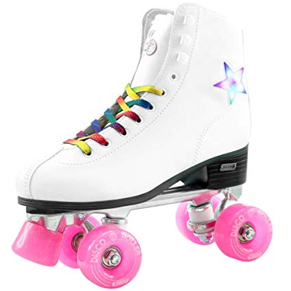 Crazy Skates LED Disco Roller Skates | LED Light Up Flashing Stars | White with Rainbow Laces and Pink Wheels
