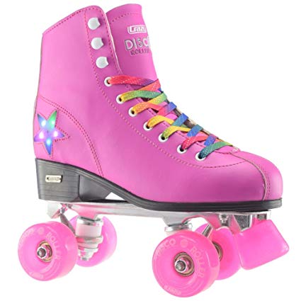 Crazy Skates LED Disco Roller Skates | LED Light Up Flashing Stars | Pink with Rainbow Laces