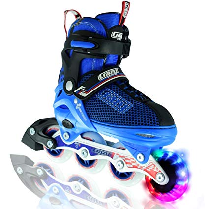 Crazy Skates Boy's LED Adjustable Inline Skates | Light up wheels | Adjusts to fit 4 Shoe Sizes | Blue with Mesh Boot | Pro Model 168