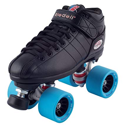 Riedell Black R3 Demon EDM Roller Derby Speed Skates w/ NEW Blue Demon EDM Wheels (95A)
